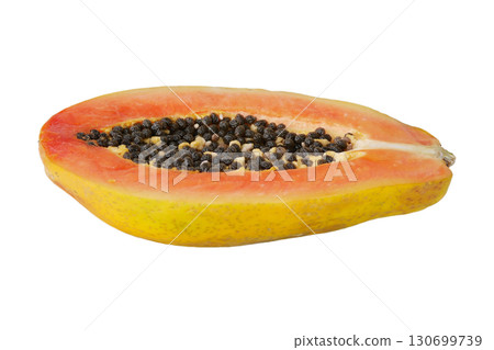 Fresh Ripe Papaya with Seeds Isolated on White Background 130699739