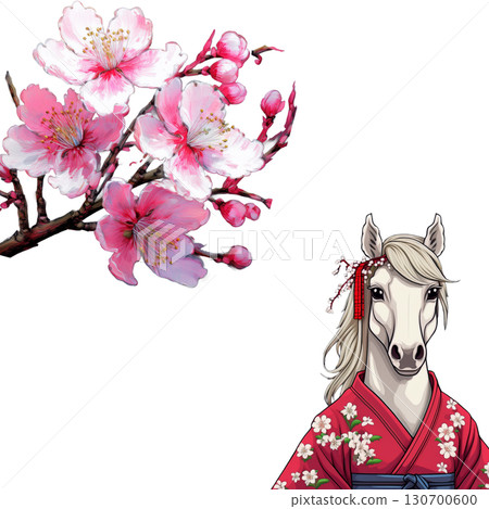 2026 馬年新年祝福語 馬身著梅花和服 130700600