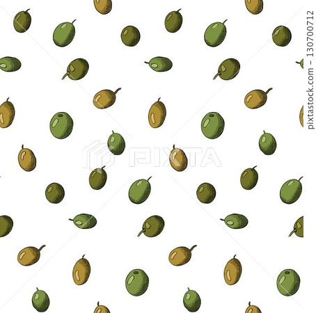 Olive berries seamless pattern. Vector graphic line ink colored illustration. White background. Packaging design illustration. For poster, invitation, backdrop, ad, sale promotion, print for t-shirt Olive berries seamless pattern. Vector graphic line ink colored illustration. White background. Packaging design illustration. For poster, invitation, backdrop, ad, sale promotion, print for t-shirt 130700712
