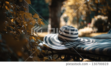 Striped summer hat resting on a sun lounger in a garden Striped summer hat resting on a sun lounger in a garden 130700819