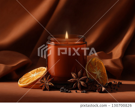 amber glass jar candle burns softly on a backdrop of draped brown fabric amber glass jar candle burns softly on a backdrop of draped brown fabric 130700826