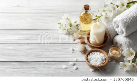 Spa still life composition with rolled white towels 130700846