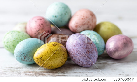 Colorful metallic Easter eggs in pastel and shiny shades Colorful metallic Easter eggs in pastel and shiny shades 130700847