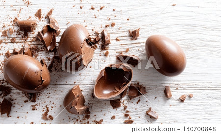 Close-up of broken chocolate Easter eggs on rustic wooden background Close-up of broken chocolate Easter eggs on rustic wooden background 130700848