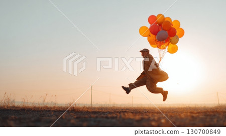 Elderly man holding colorful balloons, jumping joyfully at sunset 130700849
