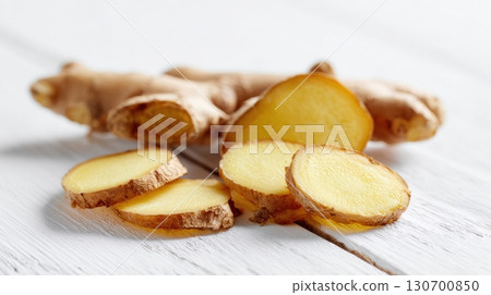 Fresh ginger root with sliced pieces on a rustic wooden background 130700850