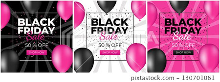 Black Friday. Sale up to 50 percent. Set of square posters and banners for social networks. Vector illustration. Black Friday. Sale up to 50 percent. Set of square posters and banners for social networks. Vector illustration. 130701061