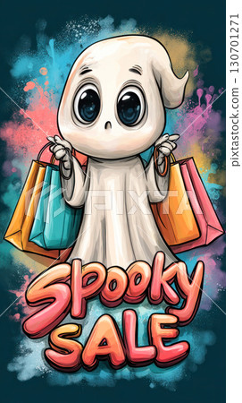 Cute ghost character holding colorful shopping bags, surrounded by vibrant splashes, promoting a fun Halloween sale concept for festive shopping 130701271