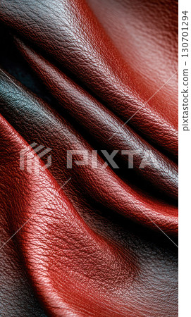 Textured close-up of rich red leather fabric, showcasing intricate folds and smooth surface, ideal for fashion and design applications 130701294