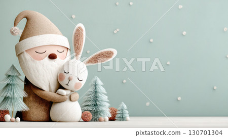 Santa Claus character hugging a cute bunny surrounded by festive trees and decorative elements, creating a joyful Christmas atmosphere with copy space 130701304