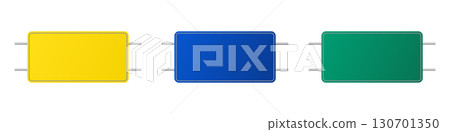 Road traffic signs of different shapes on metal poles vector set. Metal 3D realistic green, yellow, blue rectangle blank street signboards. Isolated empty roadside signposts to notice information 130701350