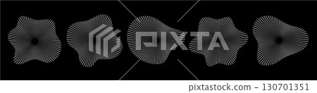Circular sound waves. Abstract circular lines pattern. Music audio bursts. Ring of thin rays with wavy silhouette. Radial spectrum design. White geometric waveform vector set isolated on black Circular sound waves. Abstract circular lines pattern. Music audio bursts. Ring of thin rays with wavy silhouette. Radial spectrum design. White geometric waveform vector set isolated on black 130701351