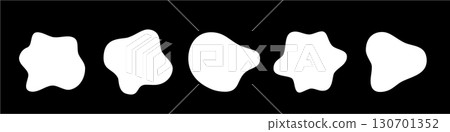 Organic blob irregular round abstract shapes vector set. White liquid circle random amoebas isolated on black background. Fluid bobble blotch forms, deform drops, grey smooth pebbles 130701352