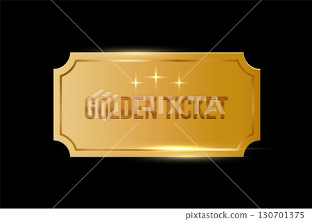 Golden ticket on black background. Gold coupon, sticker or discount tag mockup. Cinema, theater, concert, party, event, festival invitation entrance. Realistic vector illustration 130701375