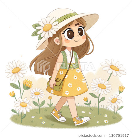 Cute anime-style girl standing in a sunny flower 130701917