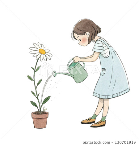 Cute anime-style girl standing in a sunny flower 130701919