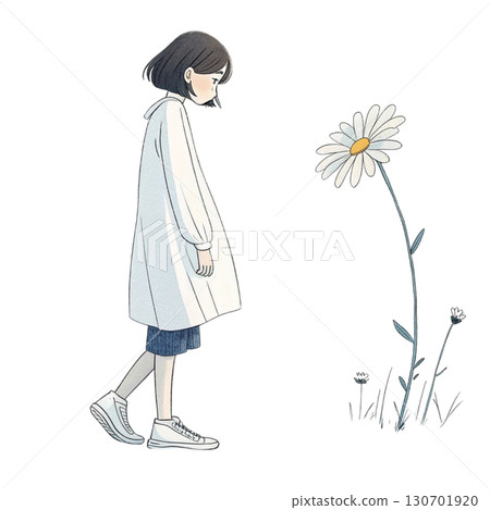 Cute anime-style girl standing in a sunny flower 130701920