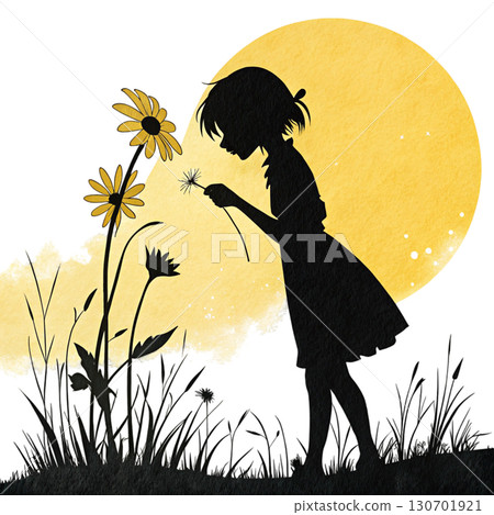 Cute anime-style girl standing in a sunny flower 130701921