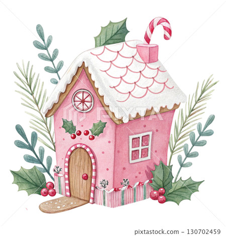 Watercolor illustration of a pastel pink gingerbread house 130702459