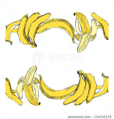 Frame horizontal border made of graphic bananas. Vector illustration isolated on transparent background. 130702579