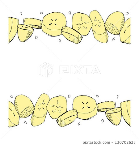 Seamless horizontal border with banana slices. Graphic hand drawn vector illustration. Healthy vitamin natural food 130702625