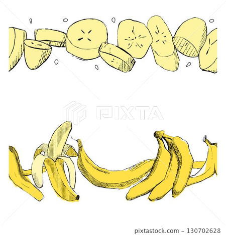 Slice bananas vector seamless pattern border horizontal frame. Tropical border. Hand-drawn graphic crayons fruit backdrop. Slice bananas vector seamless pattern border horizontal frame. Tropical border. Hand-drawn graphic crayons fruit backdrop. 130702628