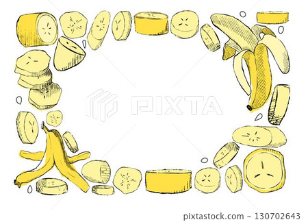 Summer greeting card with full bananas and skin and slices in oval ellipse frame template for your text. Vector graphic illustration Perfect for holiday invitations 130702643