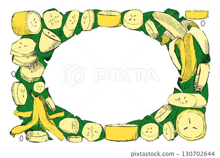 Oval ellipse Frame made of graphic Yellow Bananas and green tropical leaves on white background. Single Banana, Peeled Bunch, Slices vector illustration template for your text Oval ellipse Frame made of graphic Yellow Bananas and green tropical leaves on white background. Single Banana, Peeled Bunch, Slices vector illustration template for your text 130702644