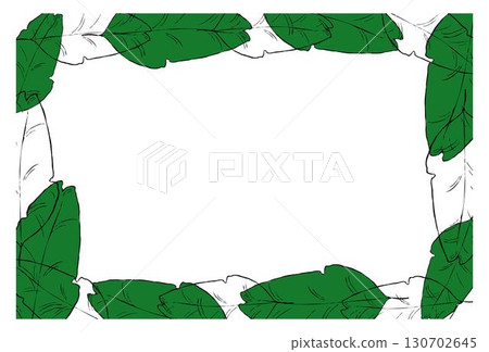 Hand drawn graphic leaves of tropical plants rectangle frame template for your text. Green rectangle horizontal floral frame with liana branches. Vector sketch. Space for text. 130702645
