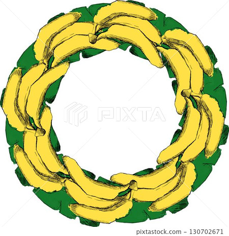 Summer fruit yellow banana round circle frame composition. Banana graphic illustration. Vector illustration 130702671
