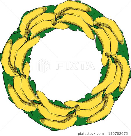 Tropical Fruits circle round frame vector template. Graphic hand drawn bananas on leaves. Vector illustration. Label Package template. Design element Tropical Fruits circle round frame vector template. Graphic hand drawn bananas on leaves. Vector illustration. Label Package template. Design element 130702673