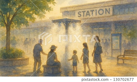 A cool mist device providing cooling relief in the station square in summer 130702677