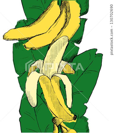 Seamless stylish seamless pattern vertical border with fresh yellow bananas on green leaves background in graphic style. Bananas pattern for cloth, textile, wrap, tshirt, bermudas and other design. 130702690