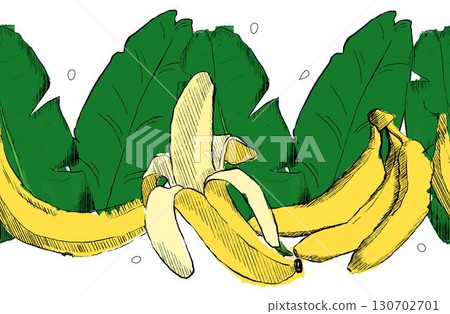 Graphic banana yellow fruit seamless border with leaves. Hand drawn vector illustration. Tropical fruit. Packaging design, menu design, juice packaging. Banana pattern 130702701