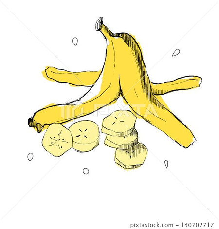 Banana graphic composition vector with banana skin and slices for serving vector illustration Banana graphic composition vector with banana skin and slices for serving vector illustration 130702717