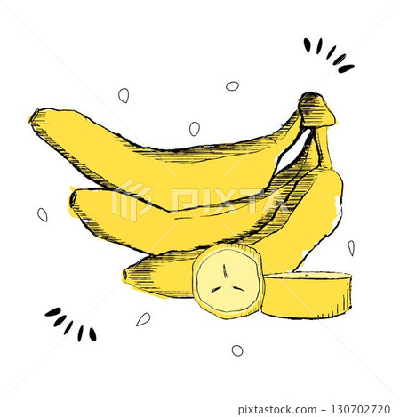 Vector logo for Banana, decorative horizontal poster with outline illustration of 3 whole and sliced bananas composition,graphic design fruity print with chopped banana parts on white background Vector logo for Banana, decorative horizontal poster with outline illustration of 3 whole and sliced bananas composition,graphic design fruity print with chopped banana parts on white background 130702720