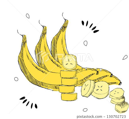 Three bananas forming a composition with different slices. Vector graphic isolated on a white background 130702723