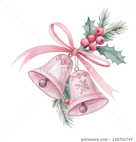 Watercolor painting of two pink Christmas bells with delicate floral 130702747