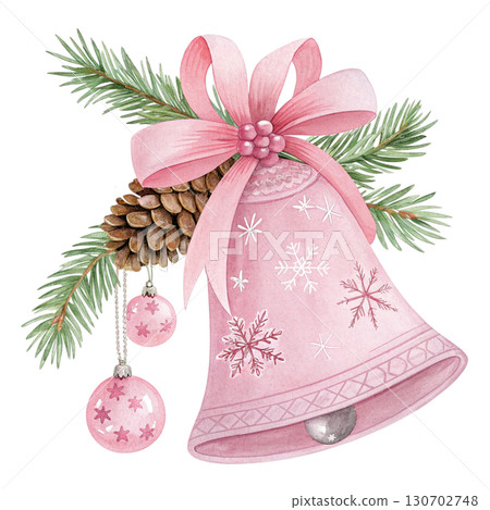 Watercolor painting of two pink Christmas bells with delicate floral Watercolor painting of two pink Christmas bells with delicate floral 130702748