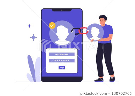Flat Design Illustration of Link Connected Accounts and Digital Profile Integration 130702765