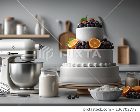 A beautiful tiered white cake decorated with fresh berries and orange slices. 130702772