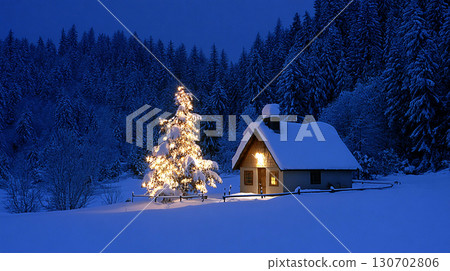 Cozy Winter Night with Illuminated Christmas Tree and Snow Covered Cabin in Forest 130702806