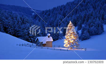 Cozy Winter Night with Illuminated Christmas Tree and Snow Covered Cabin in Forest 130702809