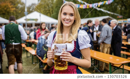 Oktoberfest woman holding beer smiling traditional festival 130703326