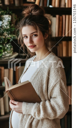 Beautiful pregnant woman reading book library wellness lifestyle knowledge 130703346