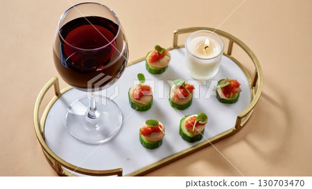 Holiday dessert tray wine glass tasty snacks elegant decor 130703470