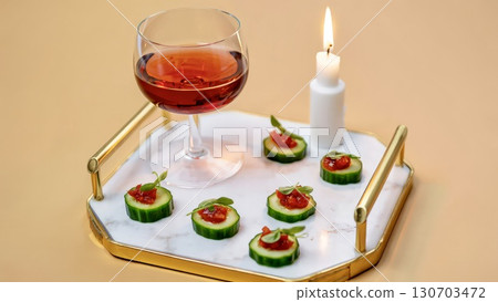 Gourmet dessert tray candle festive drinks holiday celebration 130703472