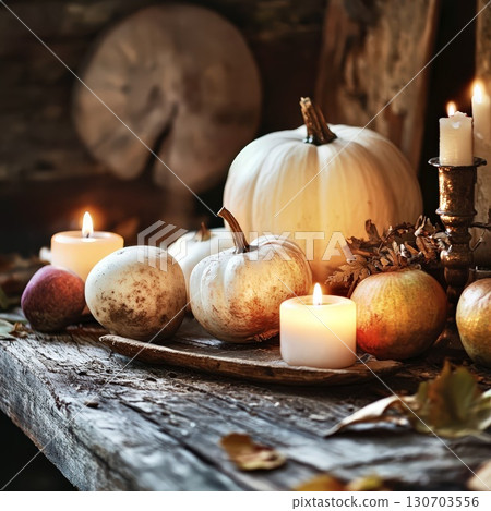Harvest pumpkin candles autumn cozy seasonal rustic lifestyle decor 130703556