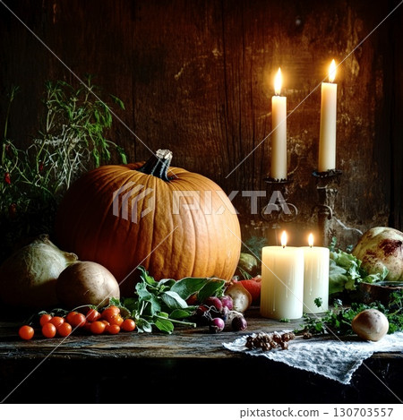 Pumpkins and candles harvest autumn rustic seasonal cozy lifestyle decor 130703557