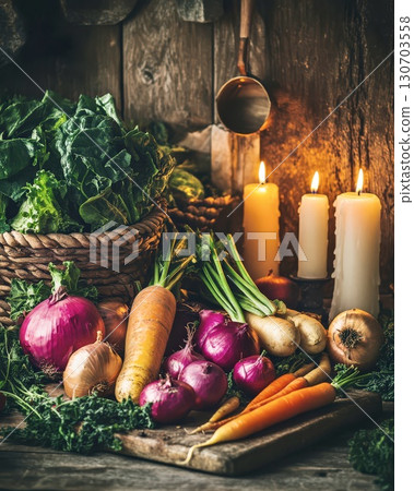 Rustic harvest pumpkins candles autumn cozy lifestyle seasonal decor 130703558